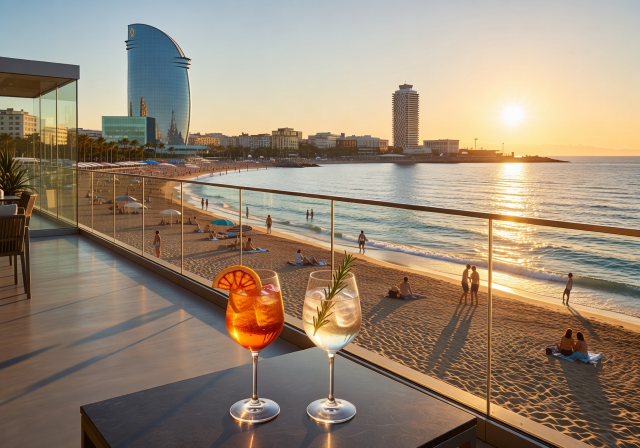 Barcelona beachfront view from Hotel Arts rooftop at golden hour with cocktails