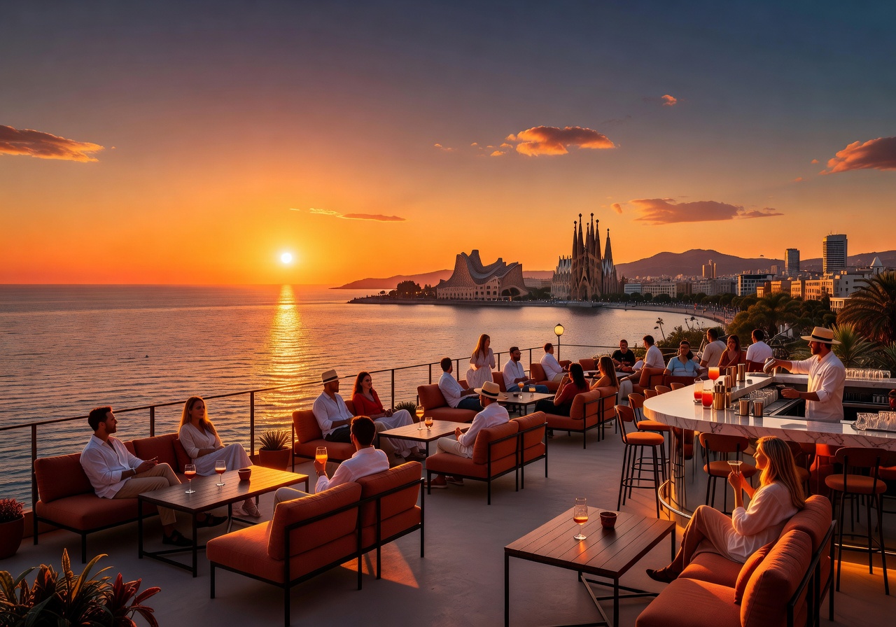 Barcelona rooftop bar at sunset with Mediterranean Sea glowing orange and gold