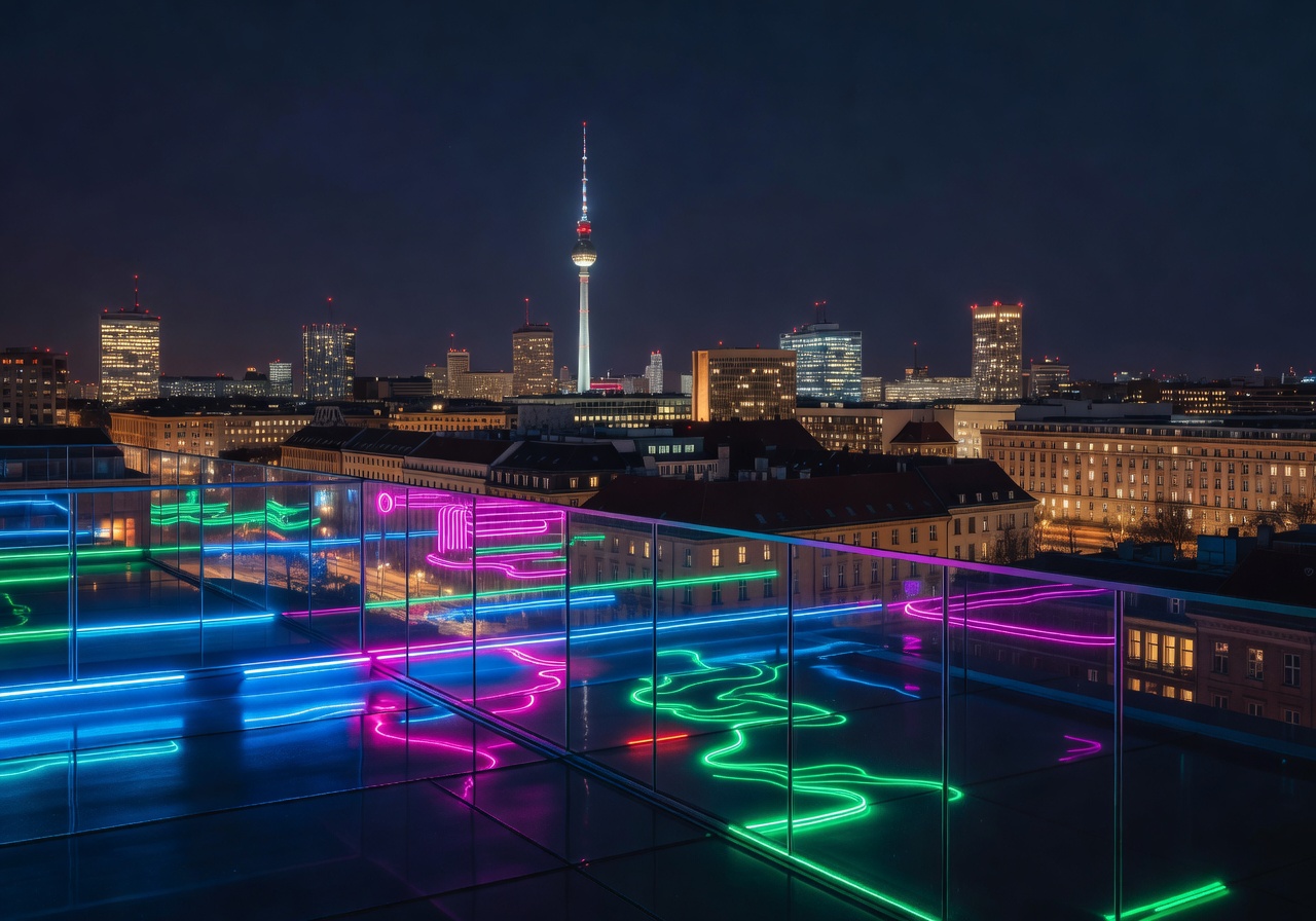 Berlin skyline at night viewed from Hotel Zoo rooftop lounge with neon reflections