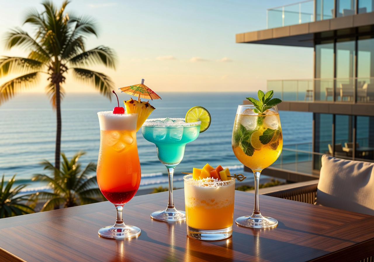 Colorful tropical cocktails on Hotel Arts rooftop bar with ocean view backdrop