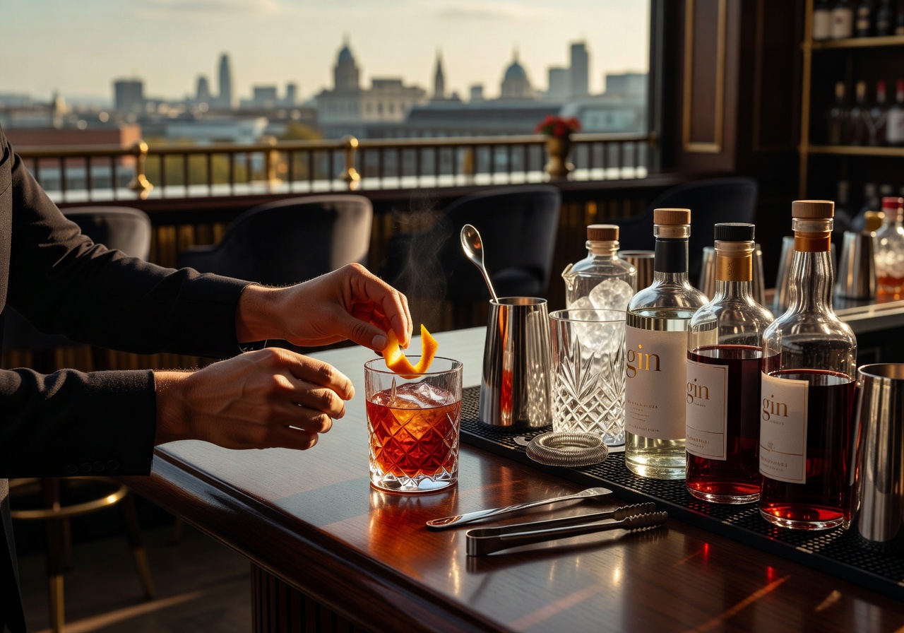 Craft cocktail being prepared at The Ned rooftop bar with garnish and premium spirits