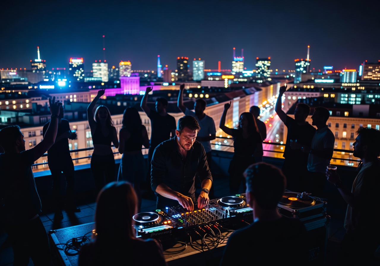 DJ performing at Hotel Zoo Berlin rooftop party with crowd silhouettes against city lights