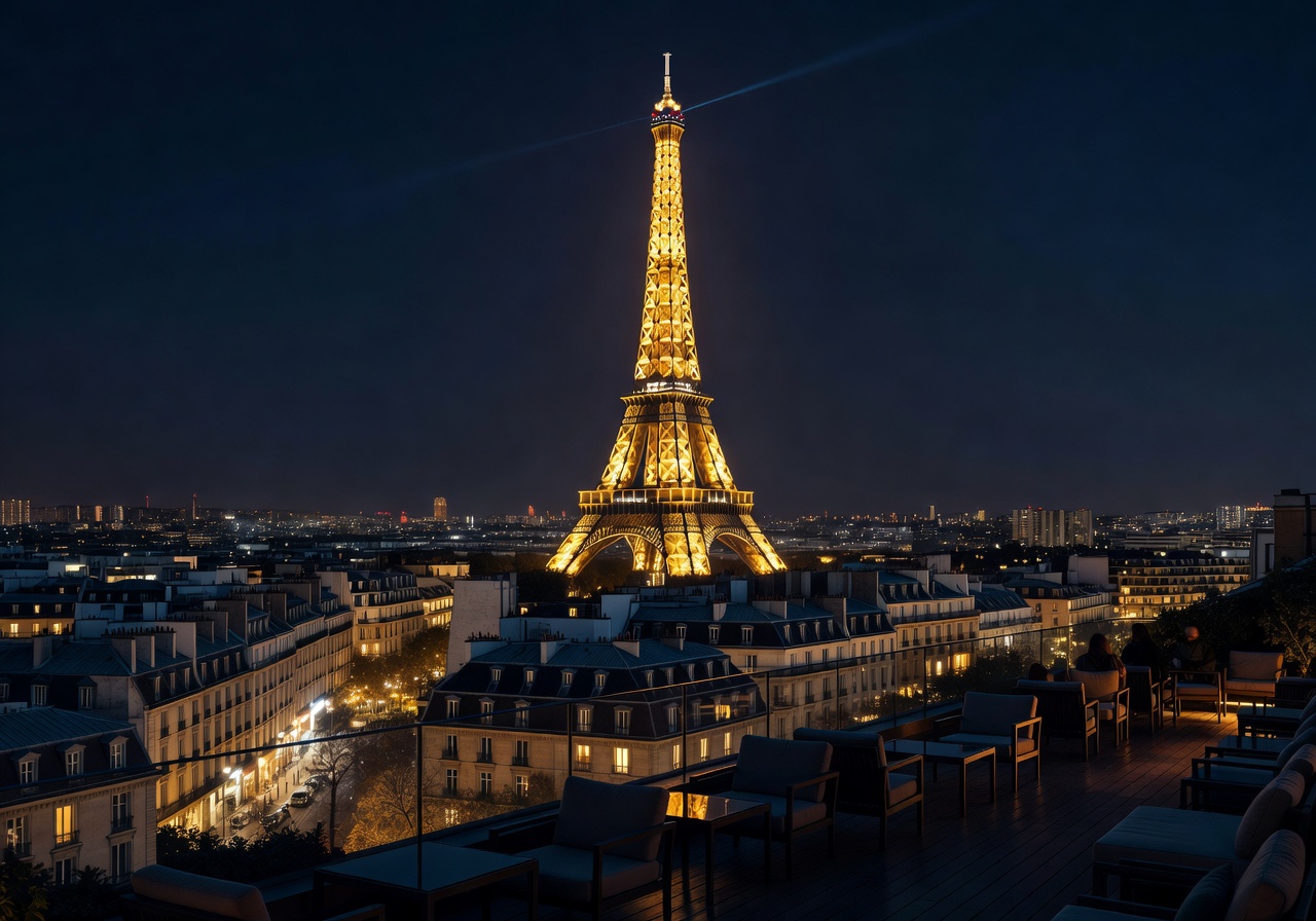 Paris Eiffel Tower view from Terrass Hotel rooftop bar at night with sparkling city lights