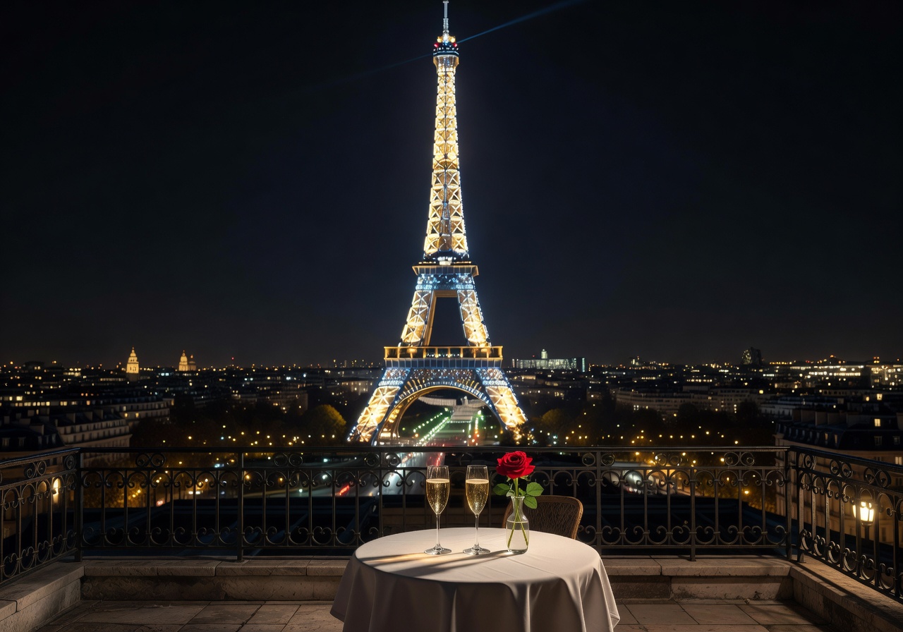 Eiffel Tower sparkling at night seen from Terrass Hotel romantic rooftop terrace in Paris