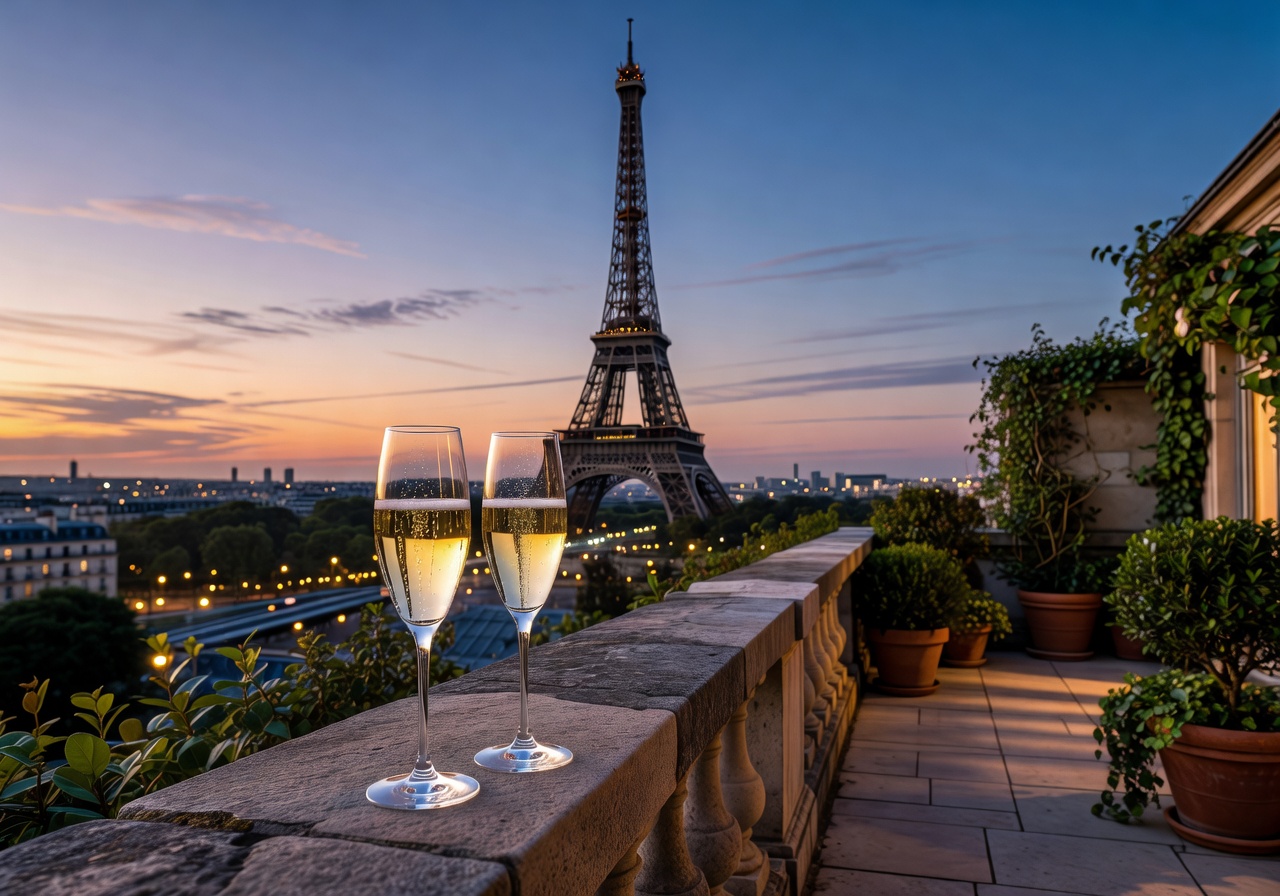 Elegant champagne flutes on Paris rooftop terrace with Eiffel Tower backdrop at dusk