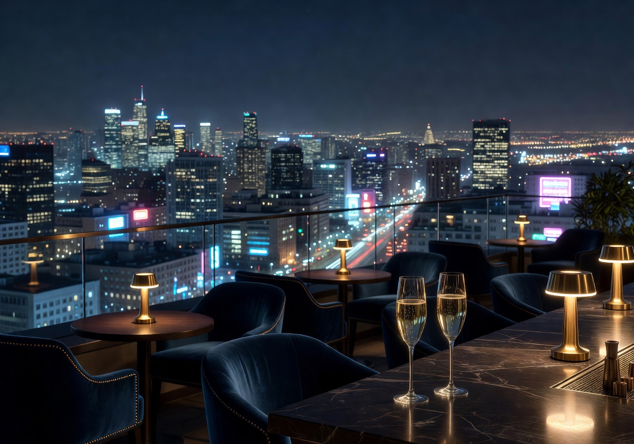 Elegant rooftop bar scene at night with champagne glasses and city lights in the background