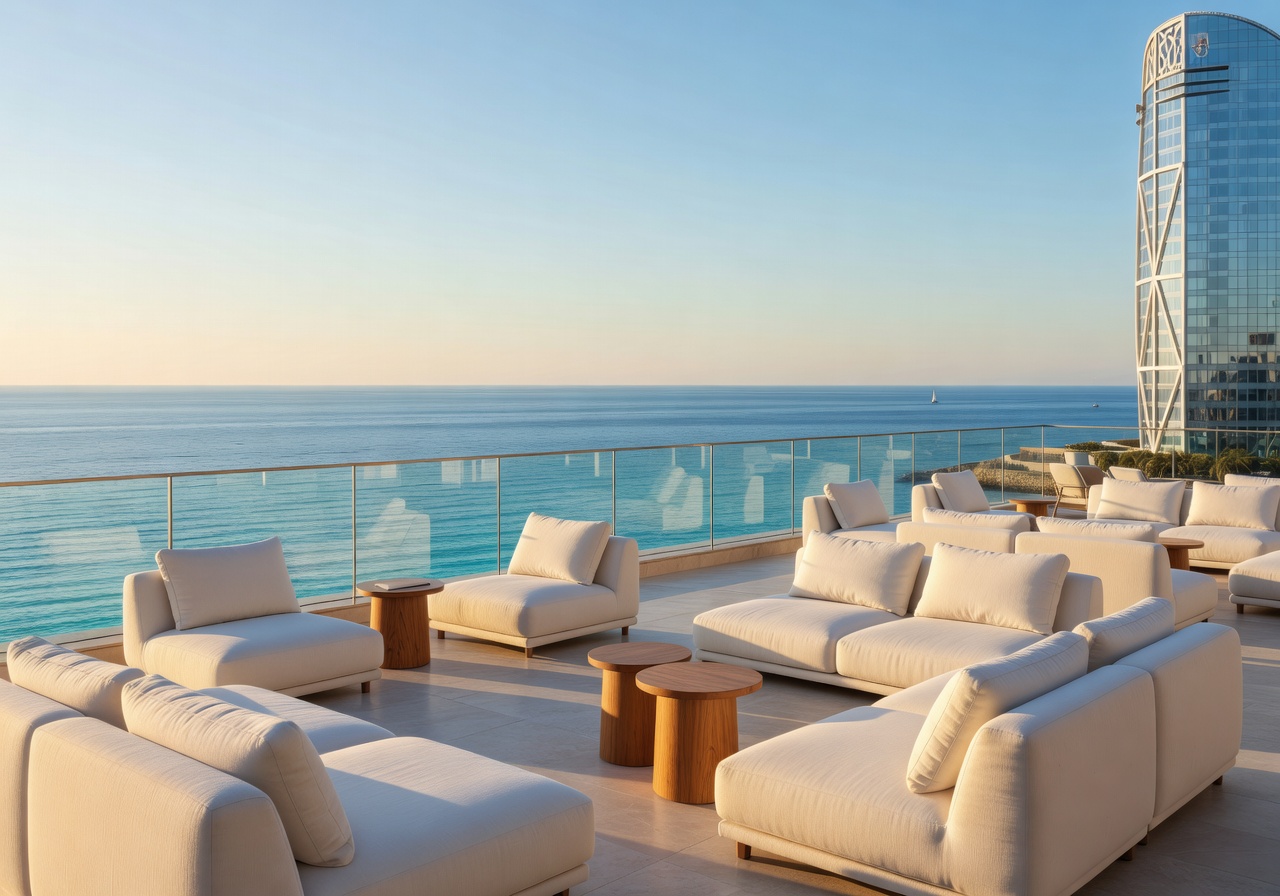 Hotel Arts Barcelona relaxing terrace with comfortable seating and Mediterranean Sea view