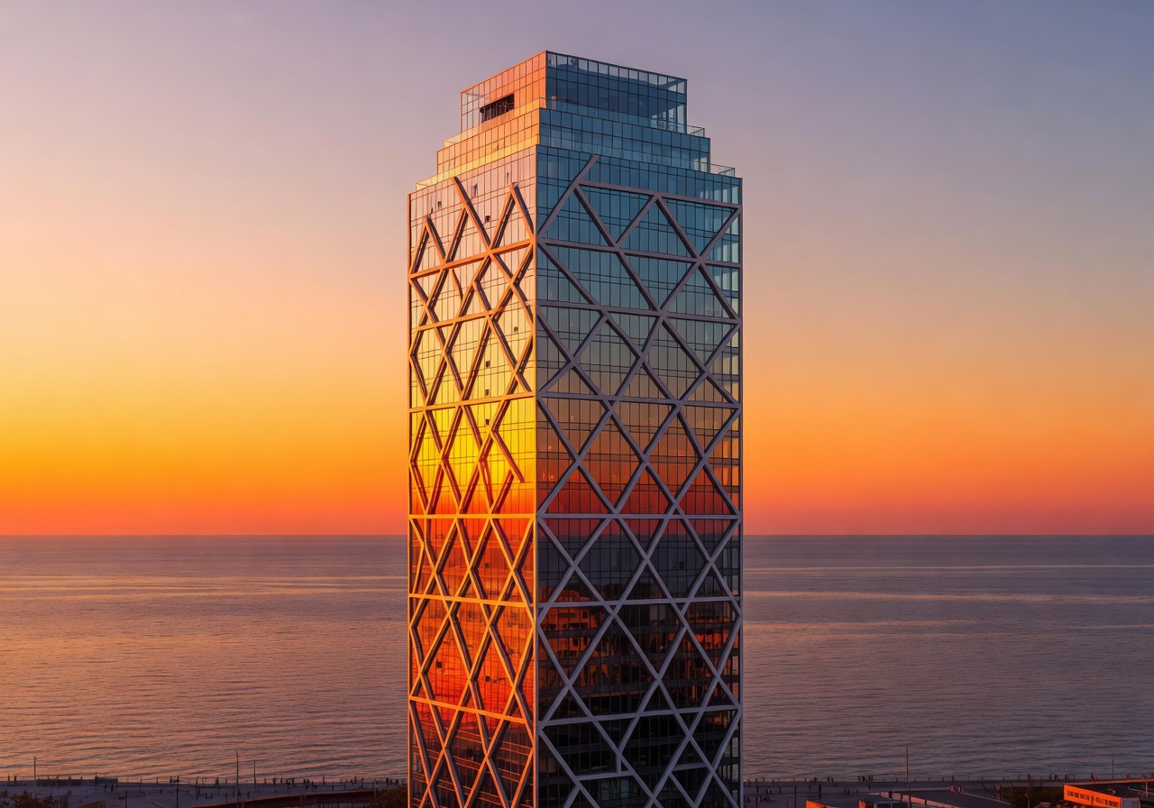 Hotel Arts Barcelona rooftop terrace at sunset with Mediterranean Sea view and cocktail glasses