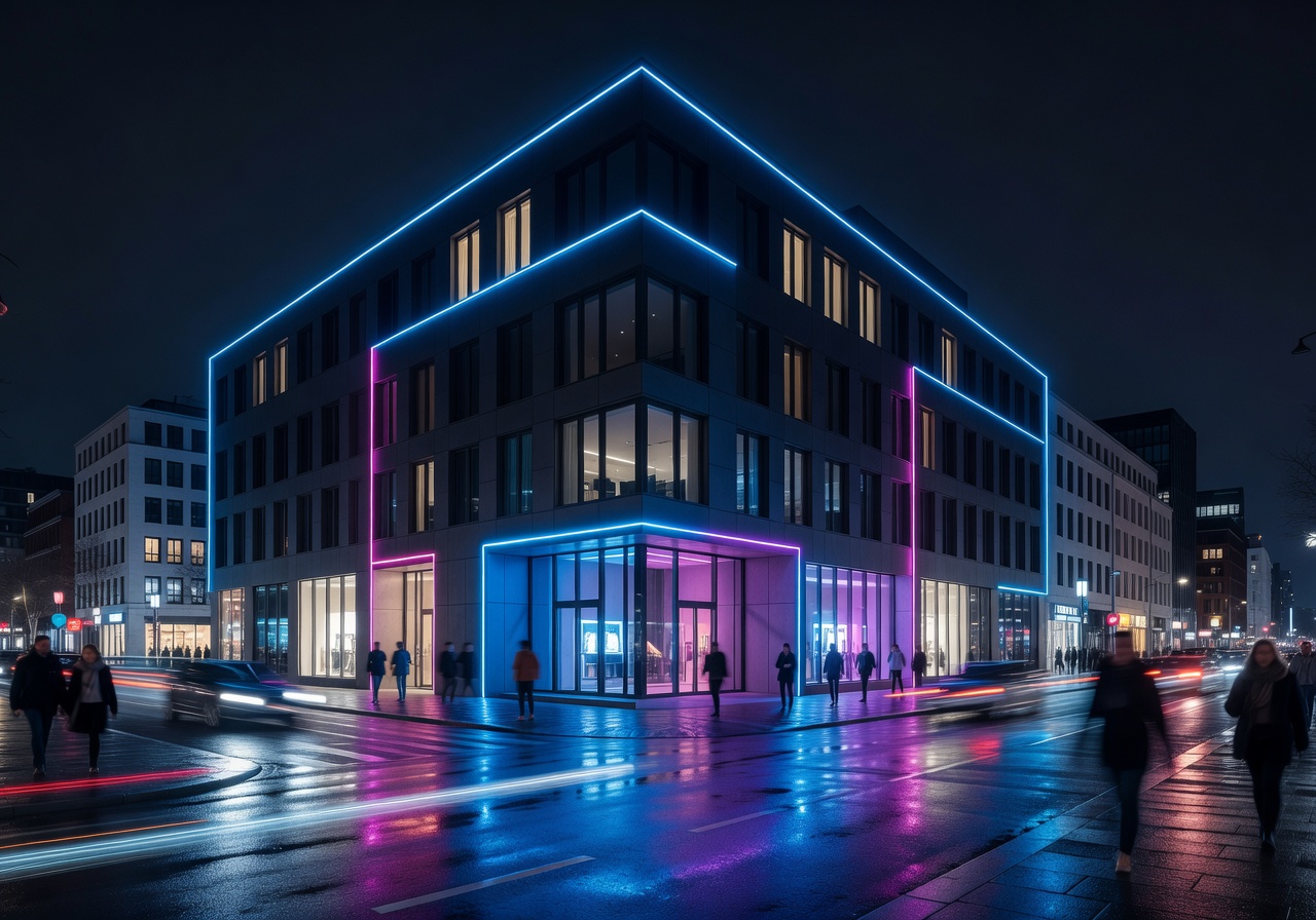 Hotel Zoo Berlin chic rooftop lounge at night with neon lighting and modern Berlin skyline