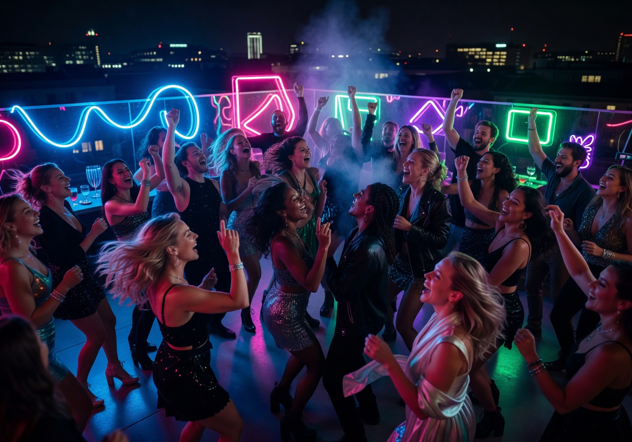 Hotel Zoo Berlin rooftop party at night with neon lights and energetic crowd dancing