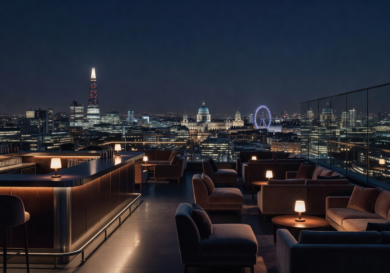Luxury rooftop bar overlooking London skyline at night with ambient lighting