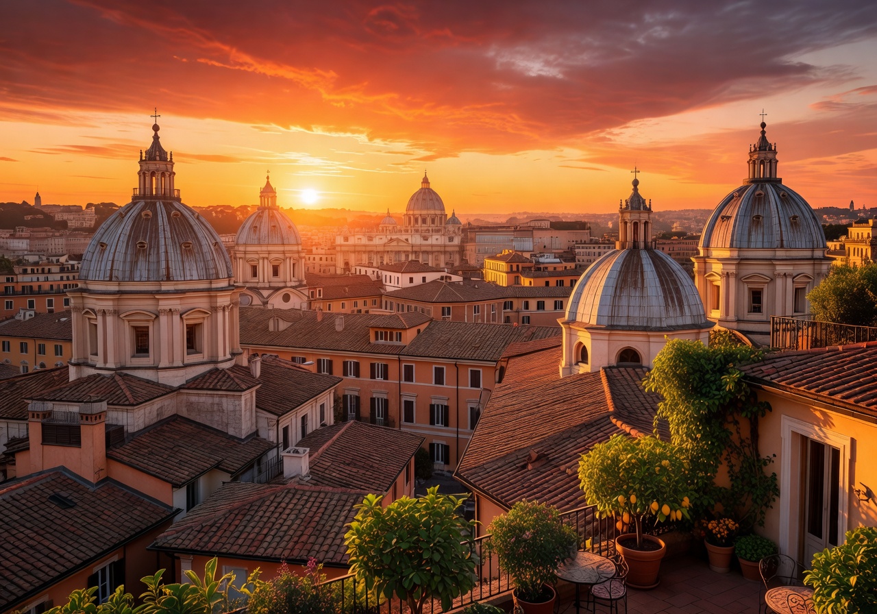 Panoramic view of Roman domes and rooftops at sunset from Hotel Raphael terrace