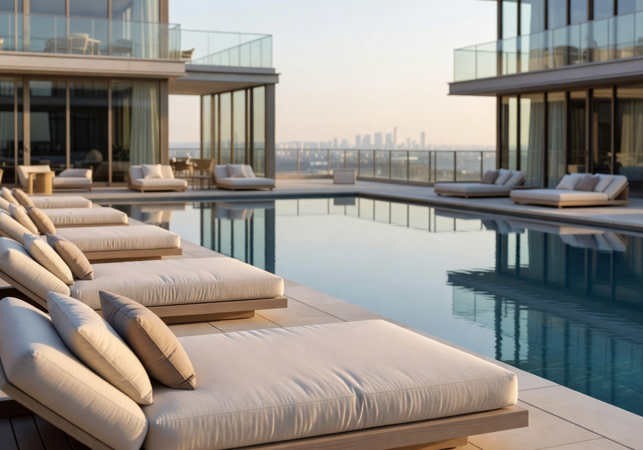 Poolside lounge at The Ned London rooftop with comfortable daybeds and calm water reflections