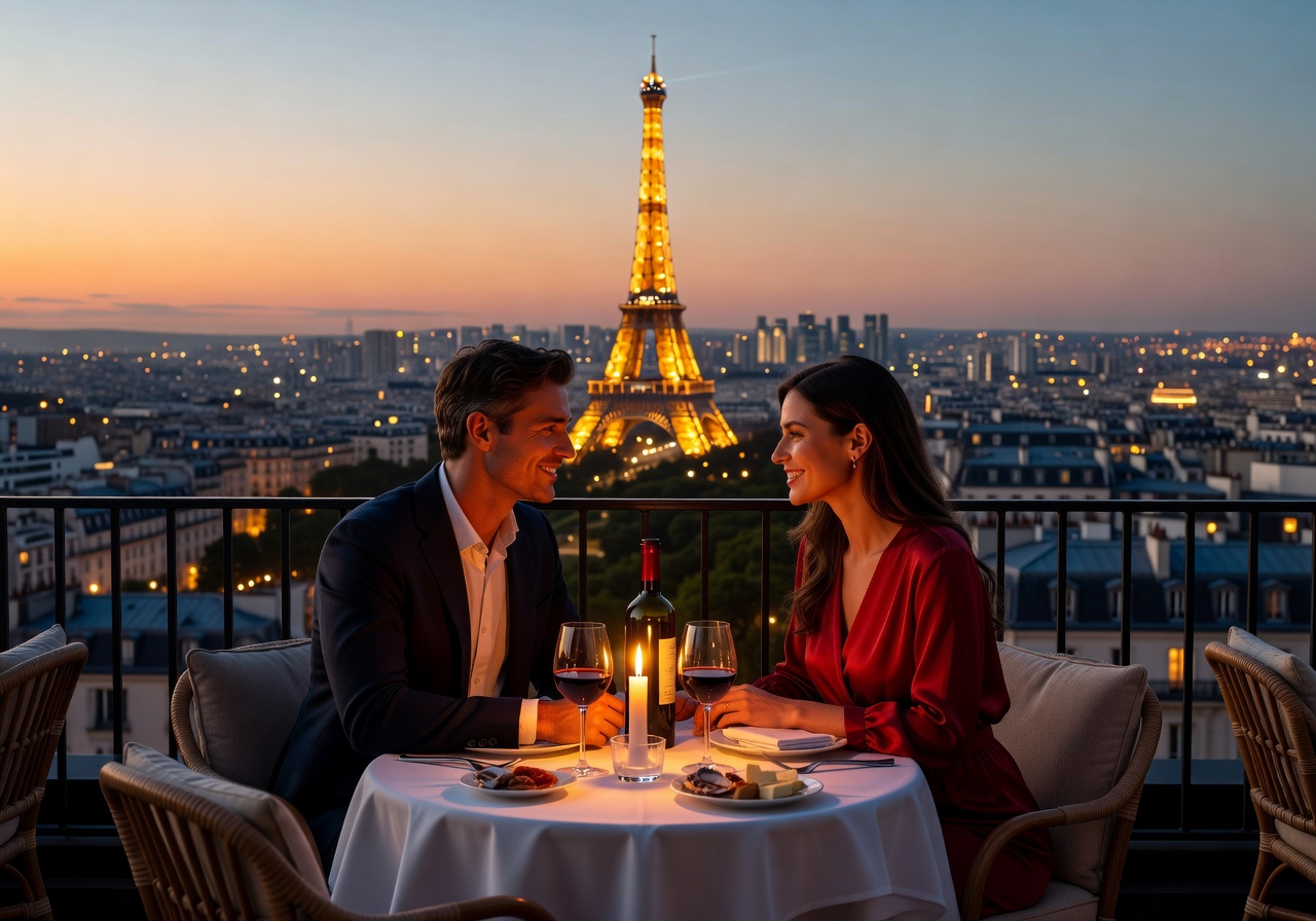 Romantic couple dining on Terrass Hotel rooftop with Paris skyline glowing behind them