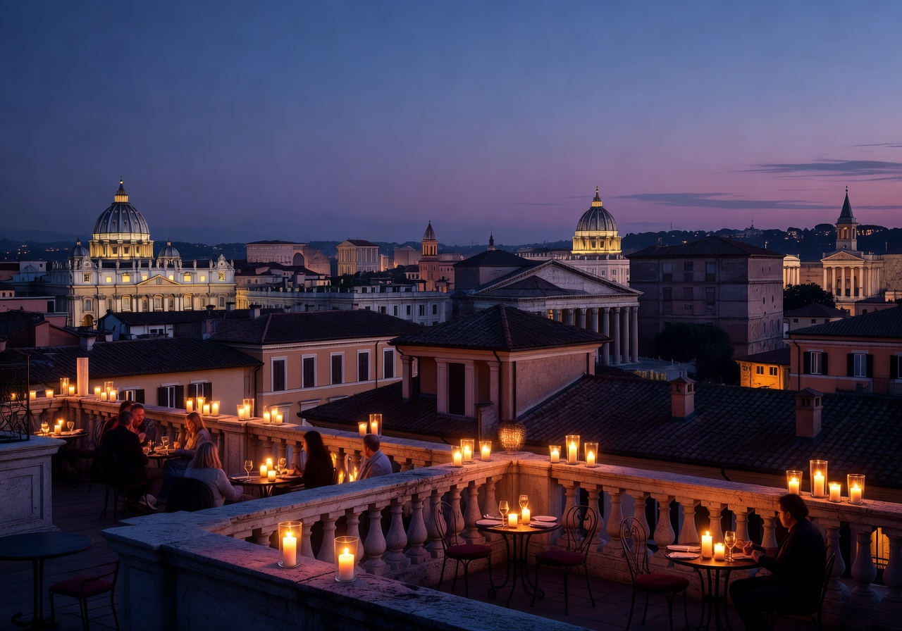 Rome at twilight from Hotel Raphael rooftop with warm candlelight and ancient skyline