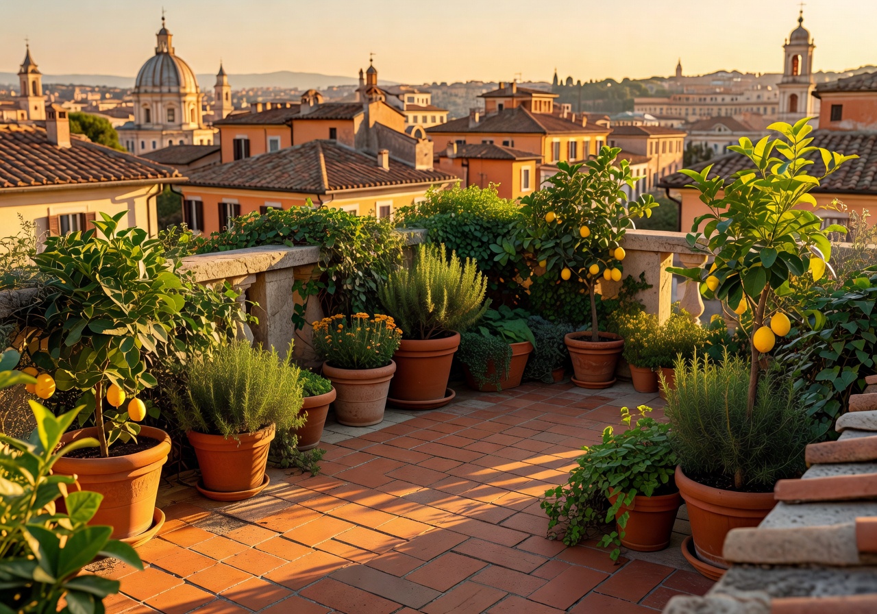 Rome rooftop garden at golden hour with warm light on terracotta tiles and greenery