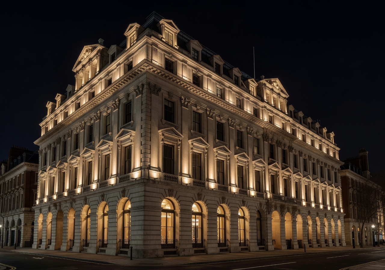 The Ned London hotel rooftop swimming pool illuminated at night with panoramic city skyline