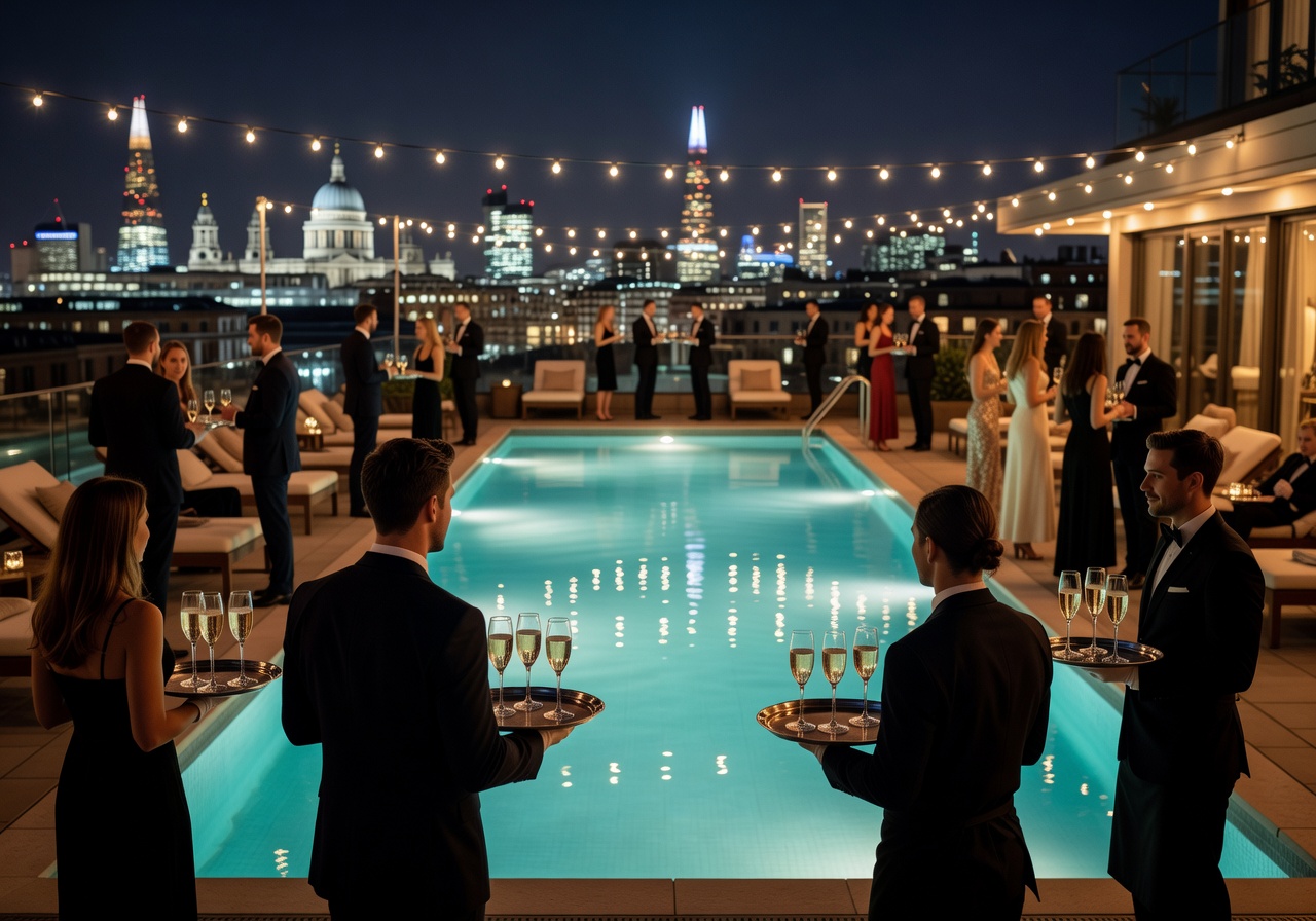 The Ned London rooftop pool party at night with city lights and champagne being served