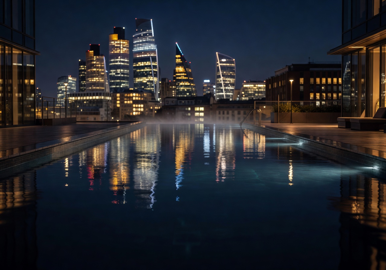 The Ned rooftop swimming pool at night with city lights reflecting in the water
